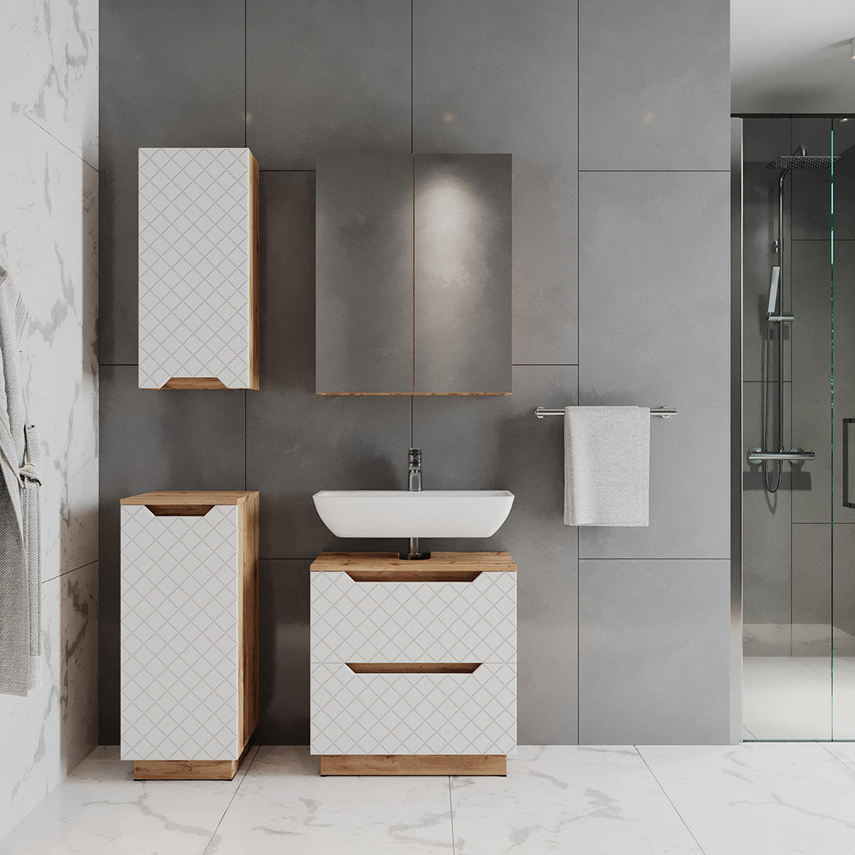 BADMÖBEL-SET Lotta Eiche/Weiß mit Kachelstruktur 4 Teile - Eichefarben/Weiß, Holzwerkstoff (59.8/62.5/32cm) - Vicco