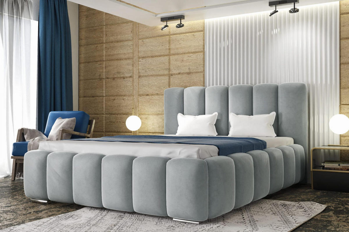 POLSTERBETT BARON mit Kopfteil, 180 x 200 cm, Doppelbett mit Bettkasten und Lattenrost aus Metall, Velourstoff, Frabe: Hellgrau - Hellgrau, Holz/Kunststoff (180/200cm) - Agmat-Furniture