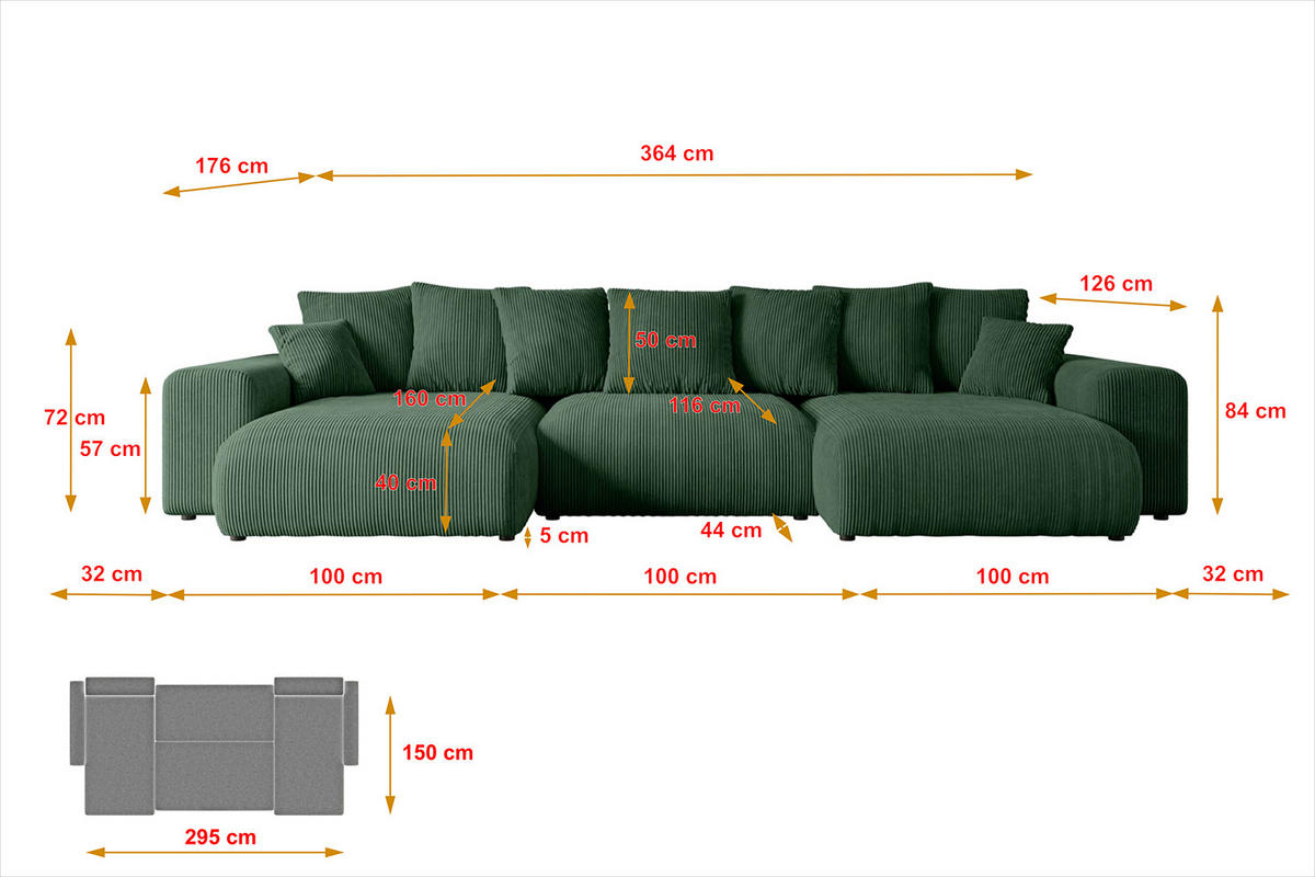 WOHNLANDSCHAFT mit Schlaffunktion ESKAR-U -364x176x84cm Grün Cord - Schwarz/Grün, Holzwerkstoff/Kunststoff (364/84/176cm) - ALTDECOR