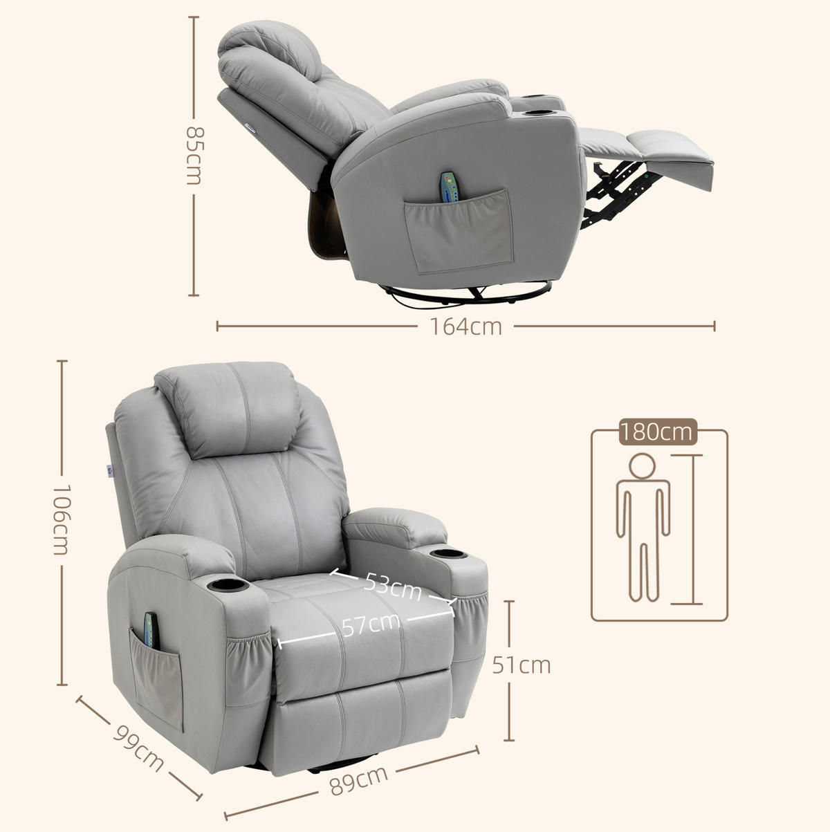MASSAGESESSEL in Grau 99x89x106 cm mit Liegefunktion, 8 Massagepunkten und 360°-Drehfuß - Grau, Metall (89/106/99cm) - IVMEU