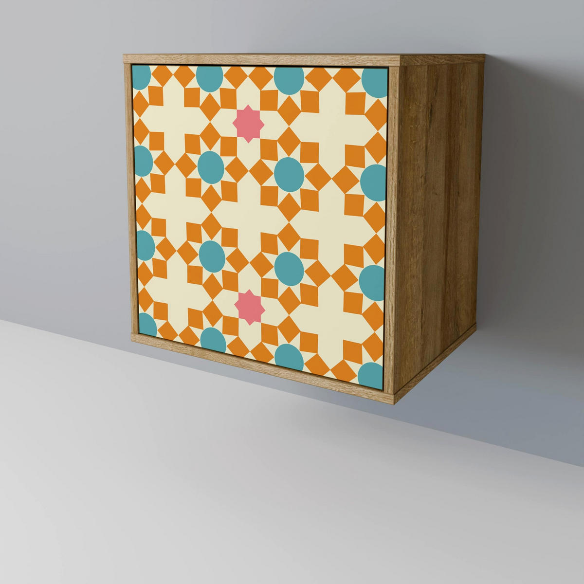 SIDEBOARD FLORAL DECOR, Eichefarben, 57,5x42x70,5 cm, Schwarze Metall-Sternfüße - Eichefarben/Multicolor, Holzwerkstoff/Metall (57.5/70.5/42cm) - SpaceRebels