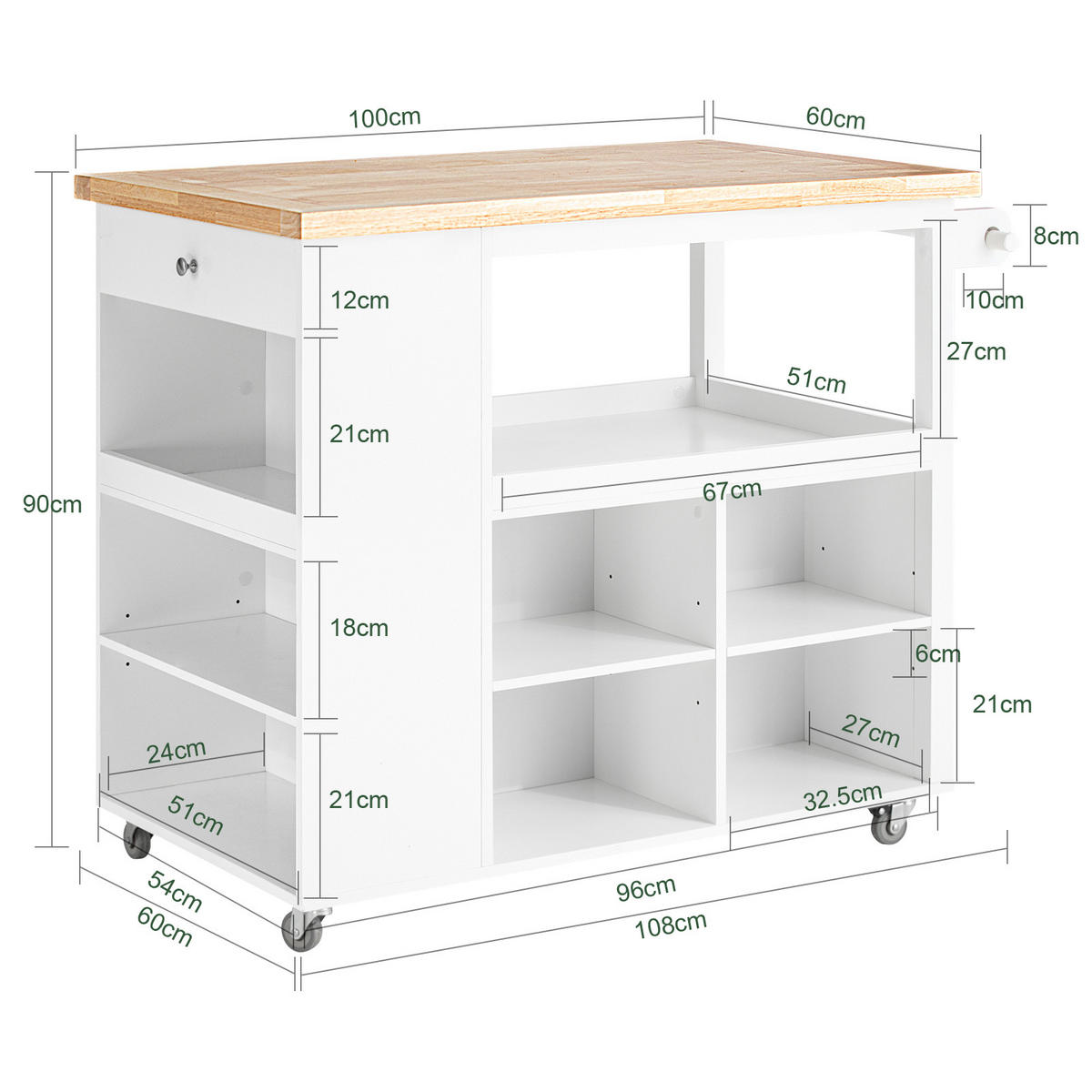 KÜCHENINSEL rollbar Weiß-Natur - Weiß, Holzwerkstoff (108/96/60cm) - SoBuy