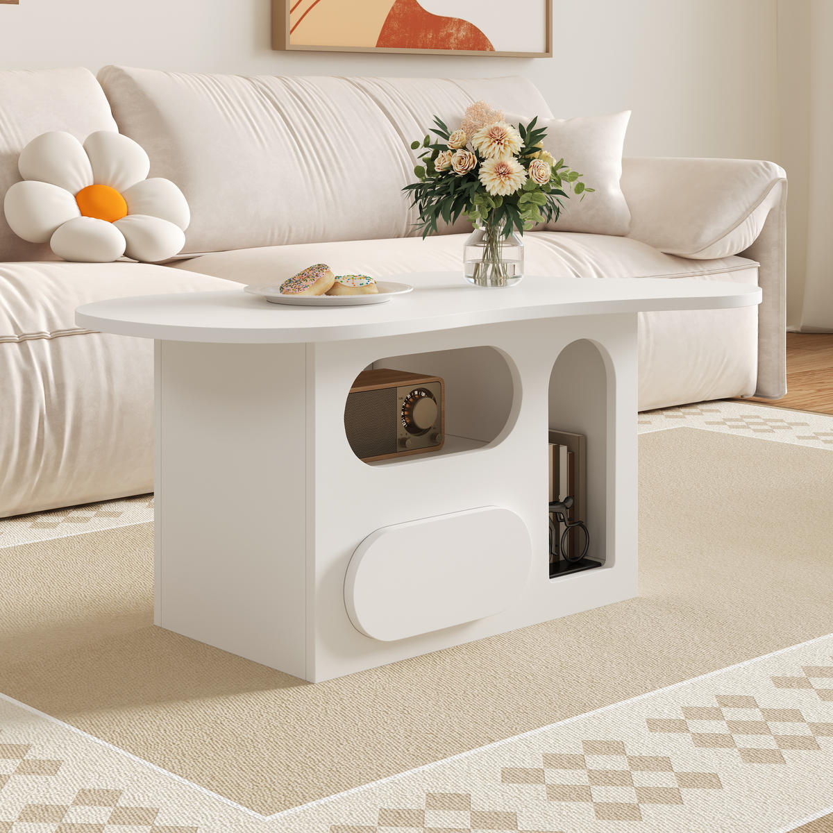 COUCHTISCH mit Schubladen und offenen Ablagefächern wolkenförmige Tischplatte 97/45/43,5 cm - Weiß, Holzwerkstoff (97/45/43.5cm) - EVRYAE