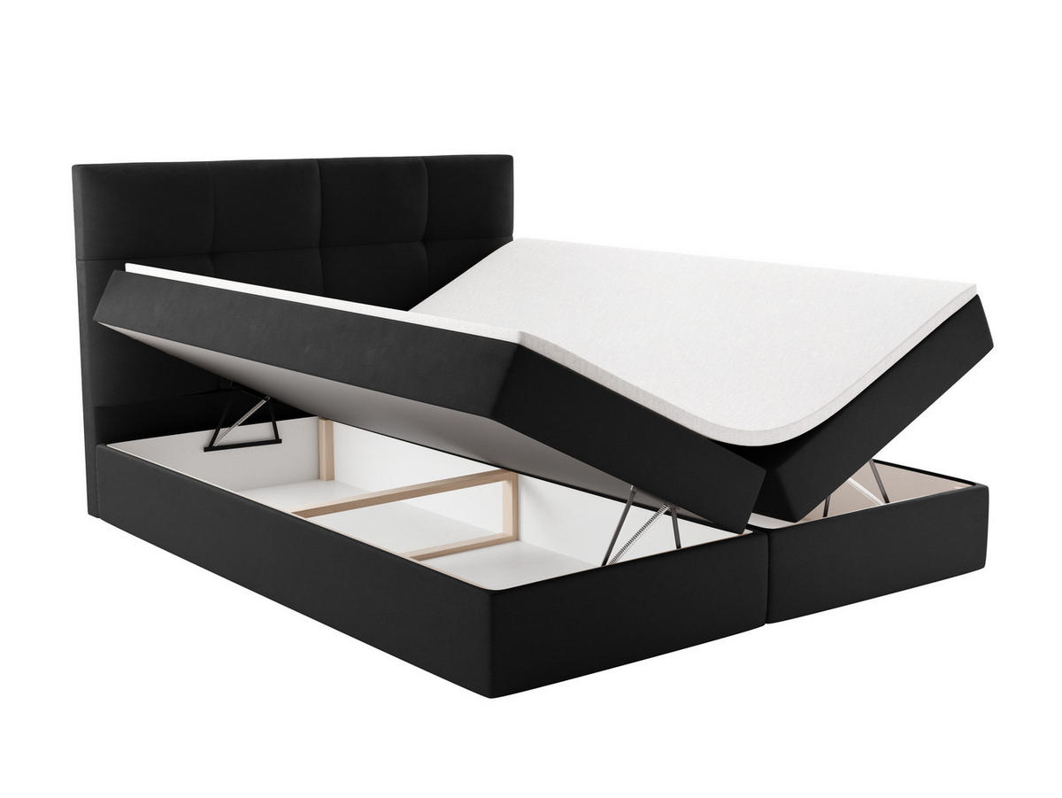 BOXBETT MORENO mit Bettkasten 200x200 cm inkl. Bonell-Federkernmatratze H3 und Topper – Polsterbett Stoff ASTI Schwarz - Schwarz, Textil (200/200cm) - Luxkor24