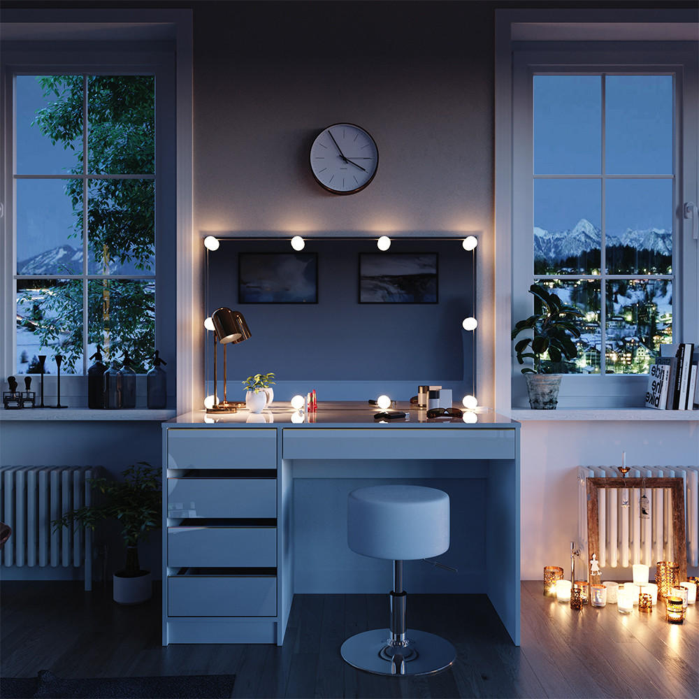 SCHMINKTISCH Sherry Weiß/Gold 120 cm mit LED Beleuchtung und Hocker - Goldfarben/Weiß, Holzwerkstoff (120/75/55cm) - Vicco