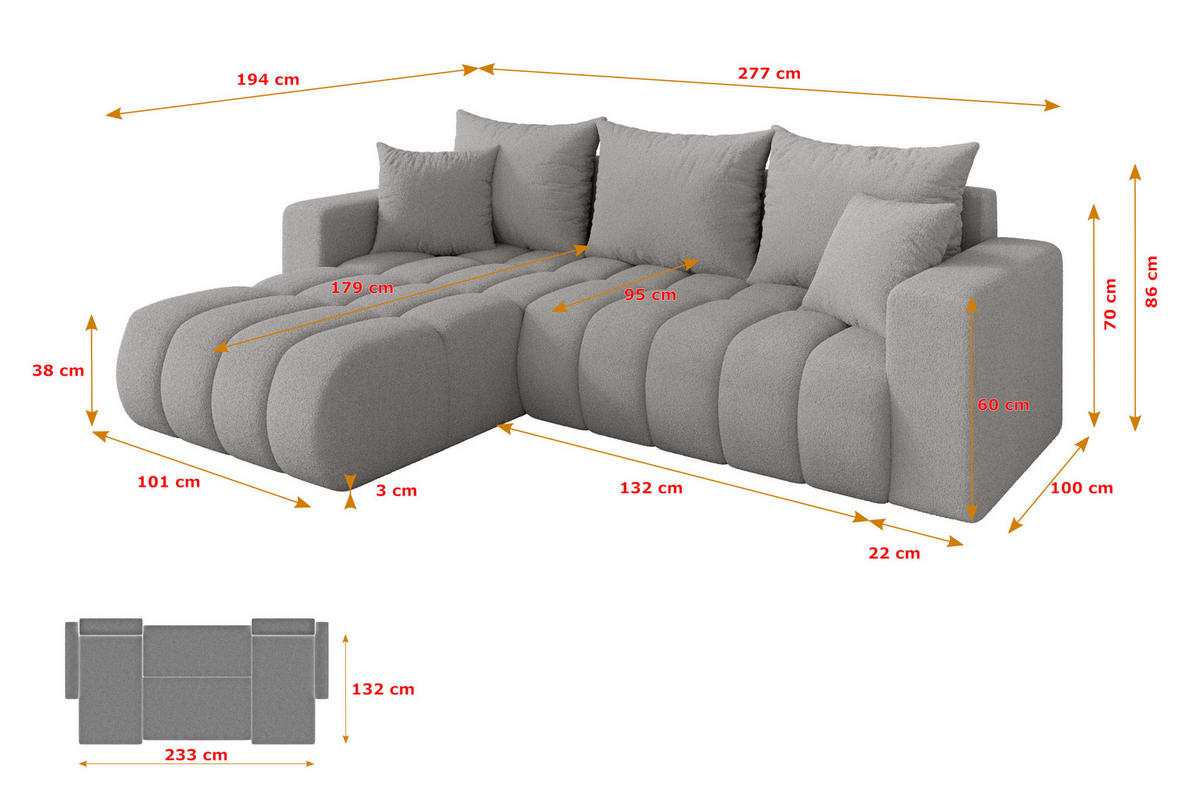 ROHOVÁ SEDAČKA s funkcí spaní, otoman vlevo MILA-L-v1 277x195x86 světle šedá bouclé - černá/stříbrná, kompozitní dřevo/textil (277/194cm) - ALTDECOR