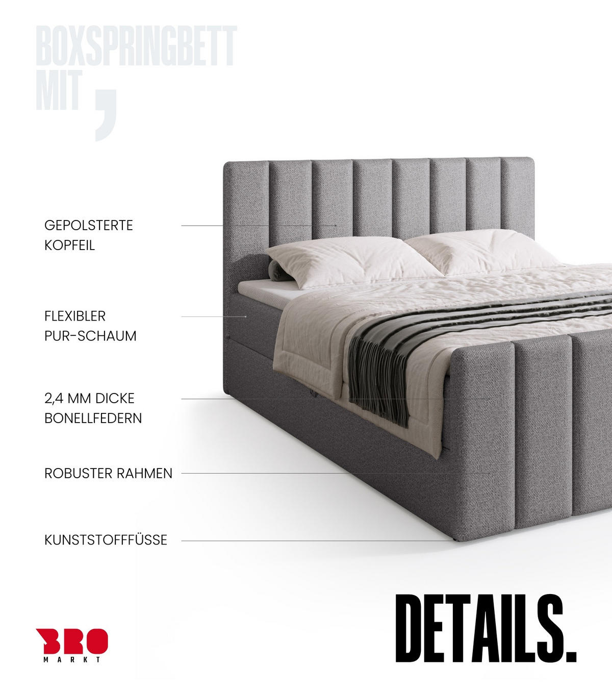 BOXSPRINGBETT Denver DUO mit Topper 140x200 Hellgrau - Hellgrau, Textil (140/200cm) - Bromarkt
