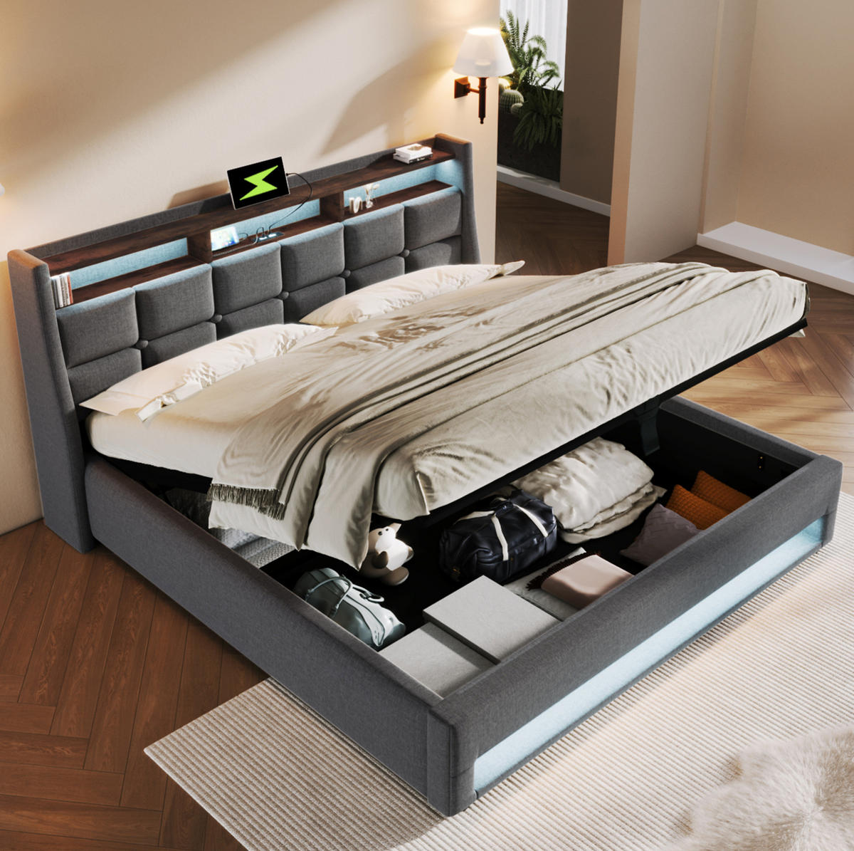 POLSTERBETT mit Stauraum, USB und LED 180x200 cm Leinen Grau - Grau, Metall (180/200cm) - Meubliv