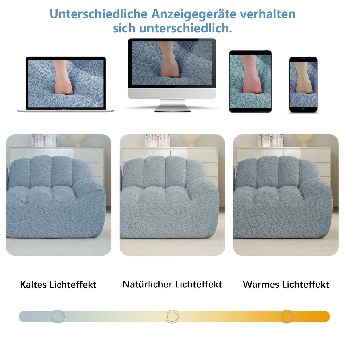 4-SITZER Sofa 366x165x79 cm aus granuliertem Fleece rahmenlos modular mit 2 Ottomans, blau - Blau, Textil (165/79/366cm)