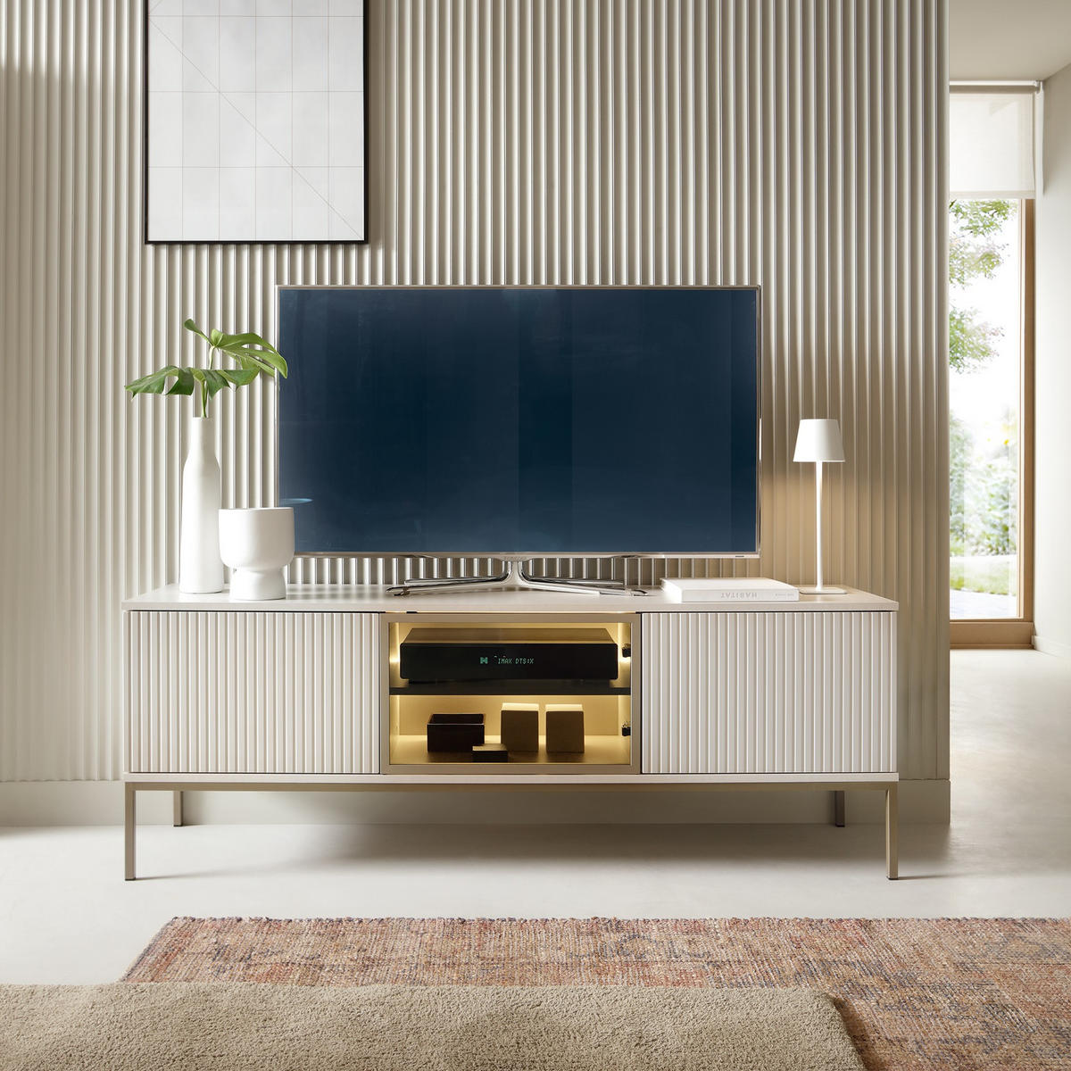 MODERNES Geriffeltes TV-Board LAGOS RTV3D (Kaschmir Matt, LED, Champagner Gestell, Push to Open) - Kaschmir/Champagner, Glas/Holz (154/56/39cm) - Ravio