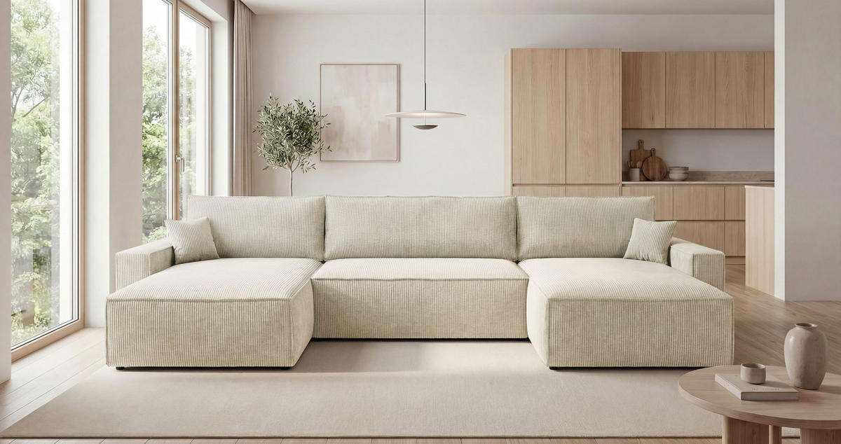 WOHNLANDSCHAFT VIENNA U-Form weiß Cord Poso 100 - Schlaffunktion, Bettkasten - Weiß, Textil (385/86/185cm) - Cornero