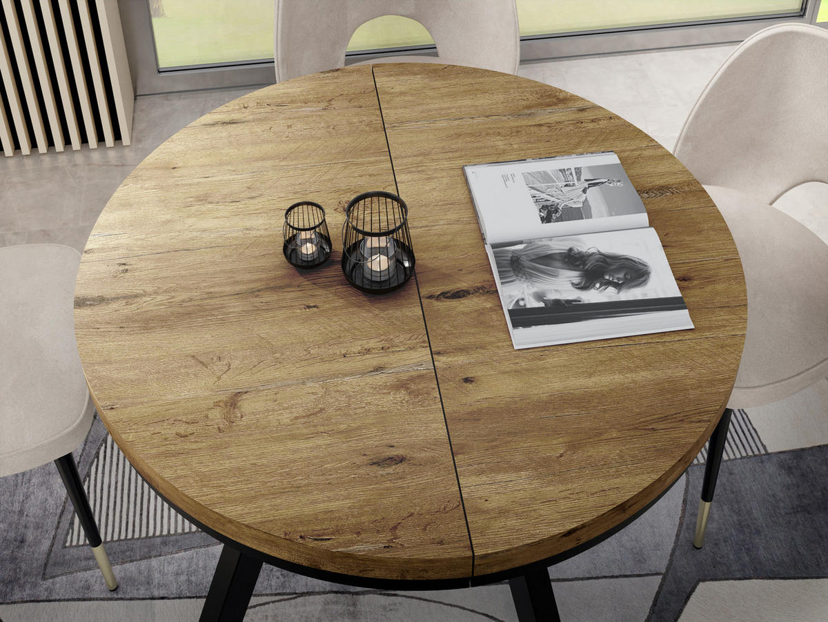 ESSTISCH Twixy runder ausziehbarer, Lancelot Eiche 90-170/90/76 cm - Eichefarben/Schwarz, Holz/Holzwerkstoff (90/90/76cm) - WFL GROUP