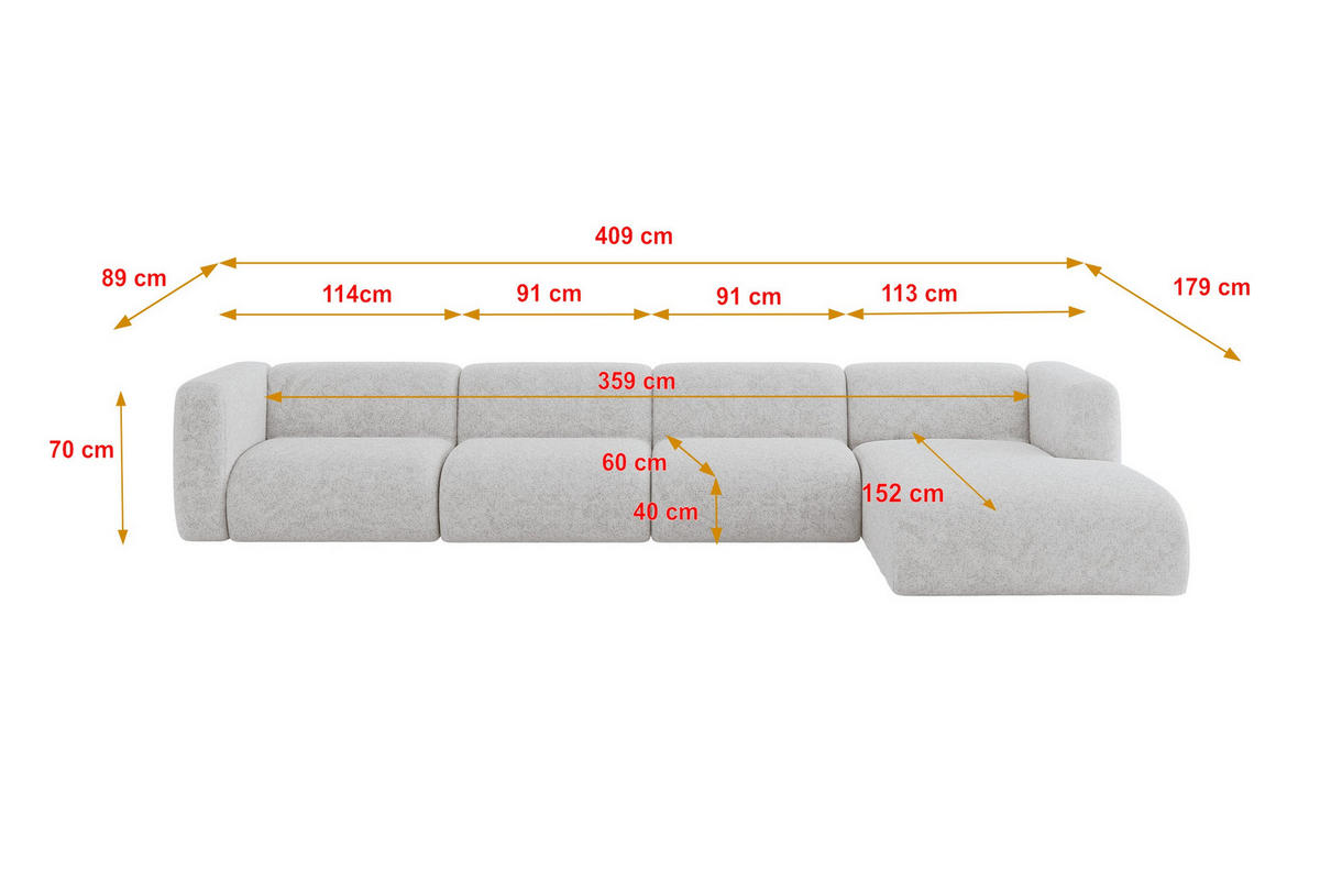 ECKSOFA Ottomane Rechts MIRA-L3 409x179x70 Grau Velours - Schwarz/Grau, Holzwerkstoff/Kunststoff (409/179cm) - ALTDECOR