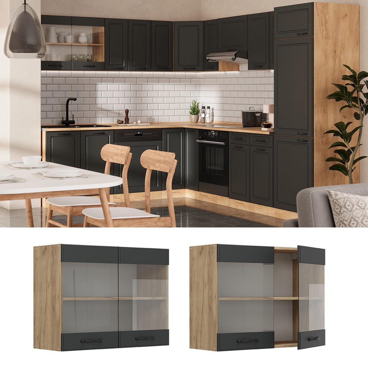 DULAP DIN STICLĂ DE BUCĂTĂRIE R-Line Casă de țară antracit 80 cm - stejar miere/antracit, compozit lemnos (80/60/31cm) - Vicco
