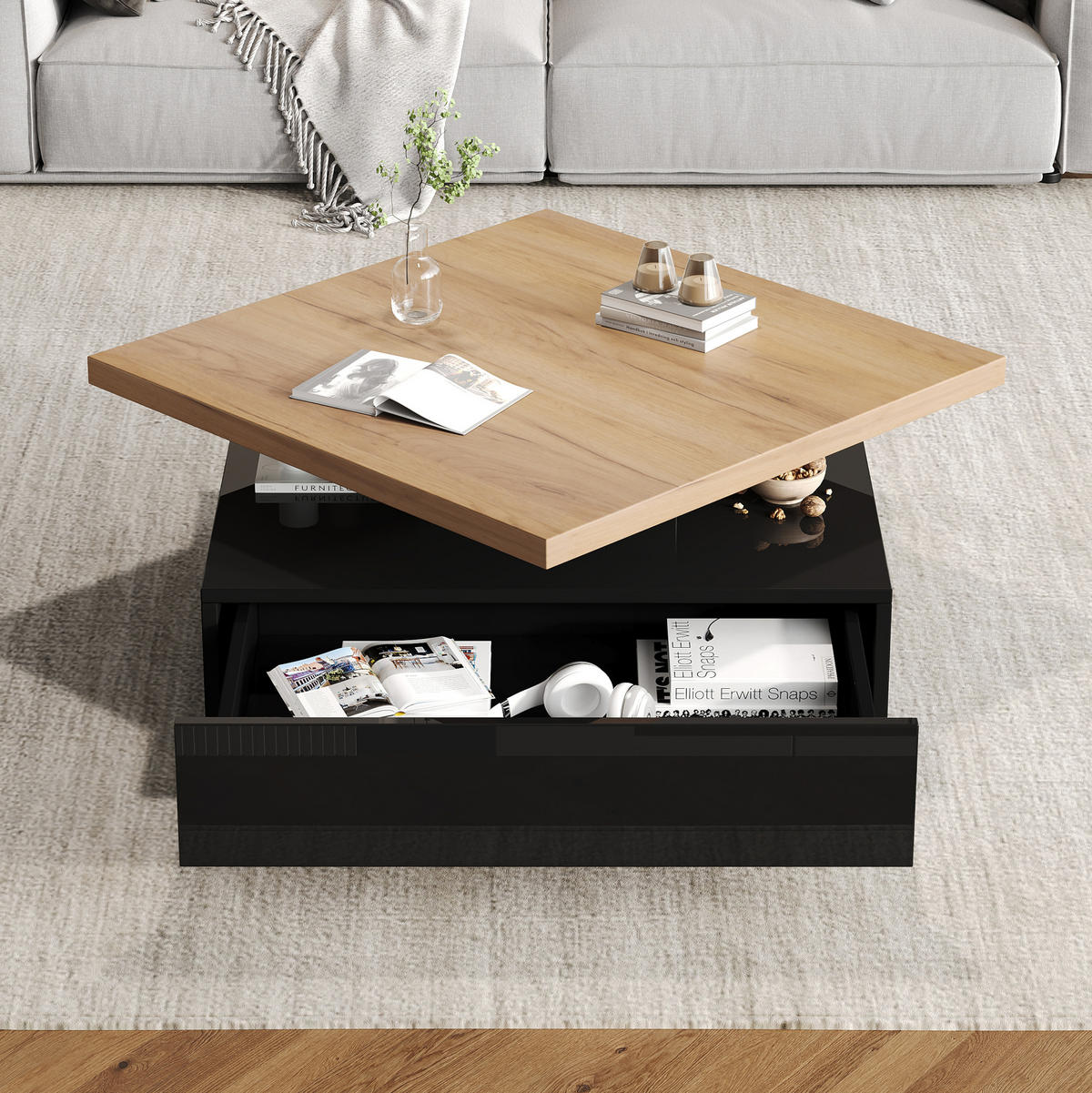 COUCHTISCH 70/70/36 cm mit 360° drehbarer Tischplatte und versteckter Schublade, Walnuss/Schwarz - Schwarz, Holzwerkstoff (70/70/36cm) - Redom