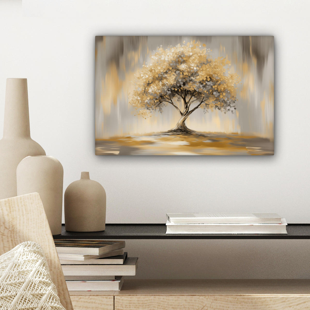 LEINWANDBILD Gemälde - Baum - Abstrakt - Blätter Deko Schlafzimmer 30x20 cm - Beige, Textil (30/20cm) - MuchoWow