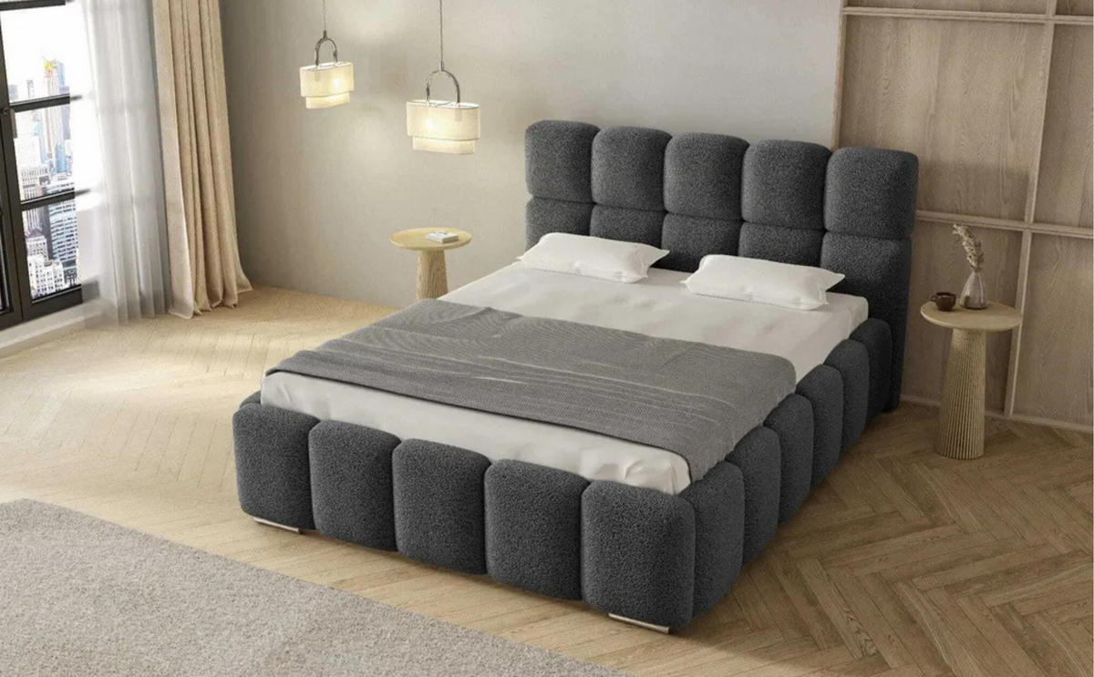 POLSTERBETT LUNA mit Kopfteil, 180 x 200 cm, Doppelbett mit Bettkasten und Lattenrost aus Metall, Boucle Stoff: Dunkelgrau - Dunkelgrau, Holz/Textil (180/200cm) - Agmat-Furniture