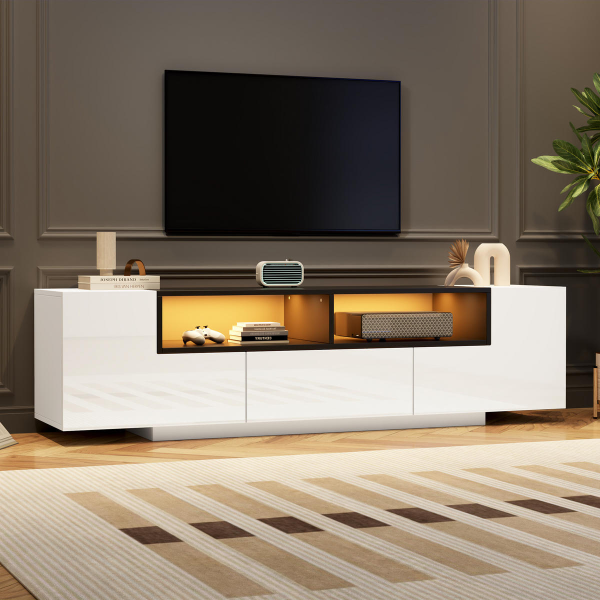 TV-ELEMENT180X40X48CM HochglanzWeiß mit LEDLicht für 75ZollFernseher - Weiß, Holz (51.33/13.89/99.54cm) - Raelunyi