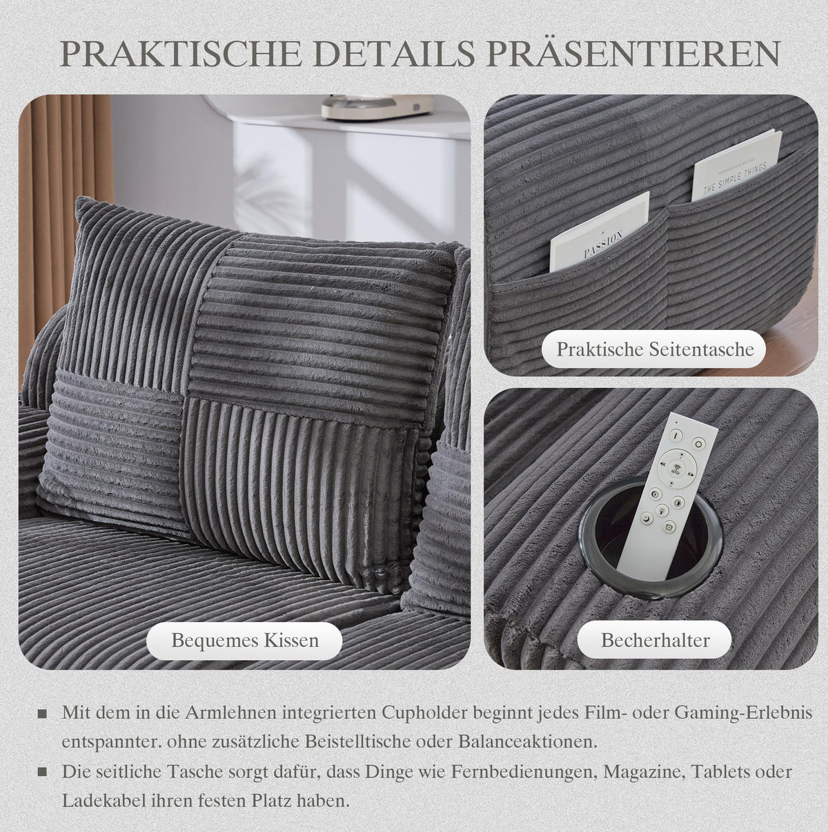 ECKSOFA 268/174/80 cm dunkelgrau aus Cord mit Cupholder - Dunkelgrau, Textil (174/268cm) - OKWISH