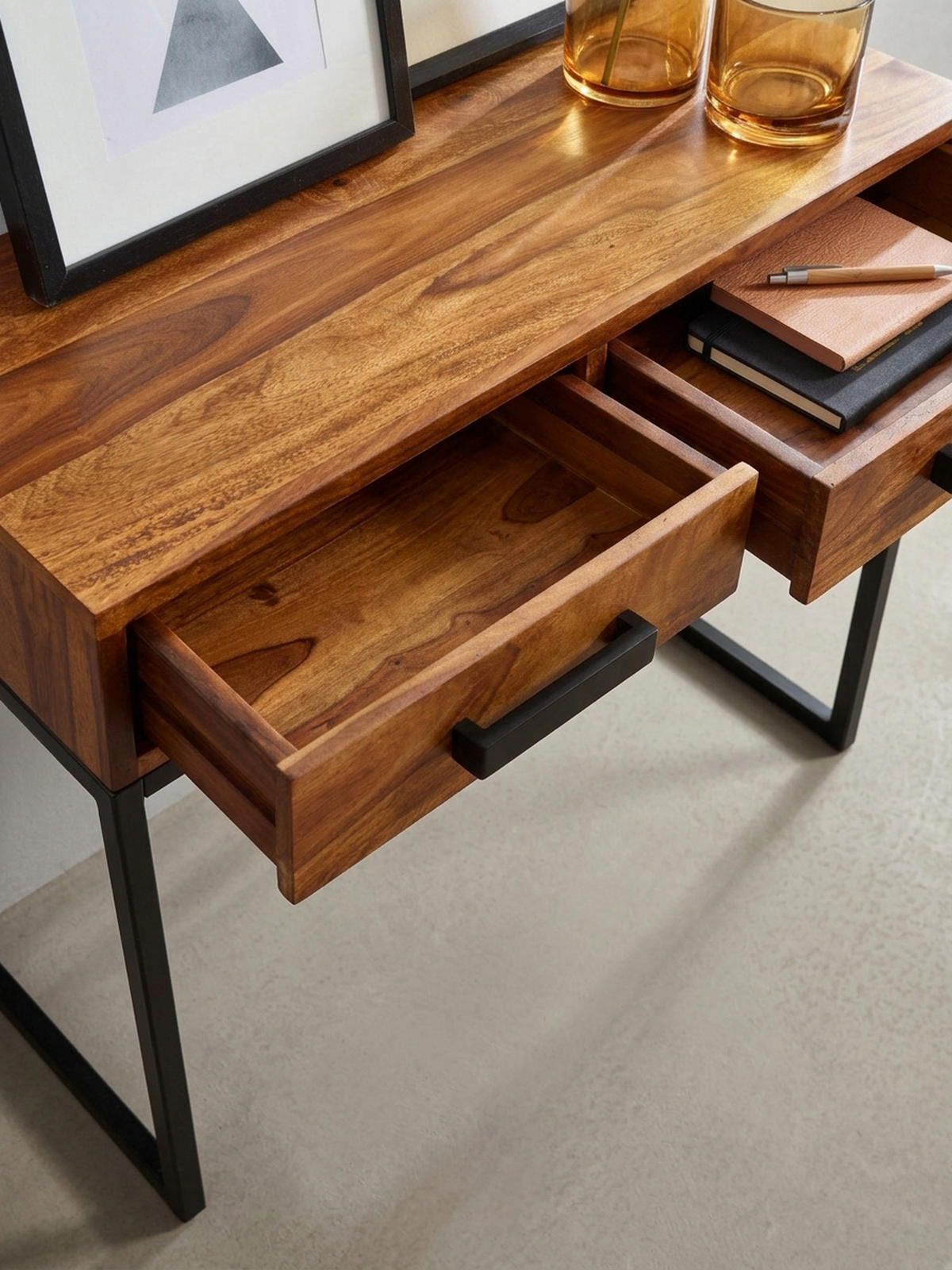 KONSOLENTISCH – Massivholz/Metall, schwarz, mit Schubladen, Industrial-Stil - Schwarz/Braun, Holz/Metall (36/90/77cm) - KADIMA DESIGN