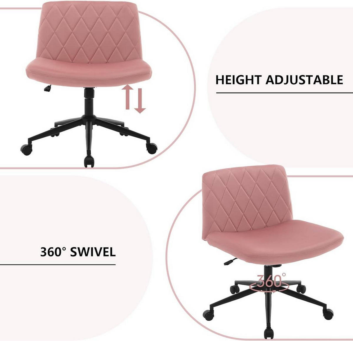 BÜROSTUHL 100°-120° neigbar, Samt, Rosa - Schwarz/Rosa, Kunststoff/Textil (64/80/70cm) - Woltu
