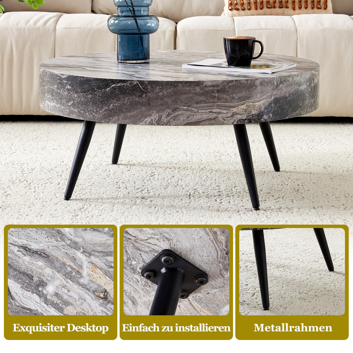 COUCHTISCH 70/70/35,5 cm aus MDF und Metall mit Marmoroptik und verstellbaren Füßen, Schwarz/Grau - Schwarz, Holzwerkstoff (70/70/35.5cm) - Redom