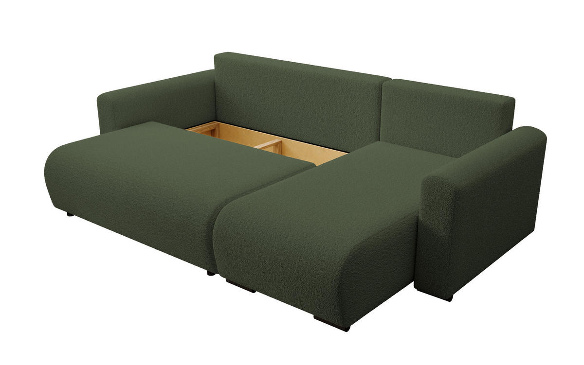 ECKSOFA DORA L, Eckcouch in L-Form mit Schlaffunktion und Bettkasten, Farbe: Grün, Bouclé-Stoff, Ottomane Rechts - Grün, Textil (240/143cm) - Storez24