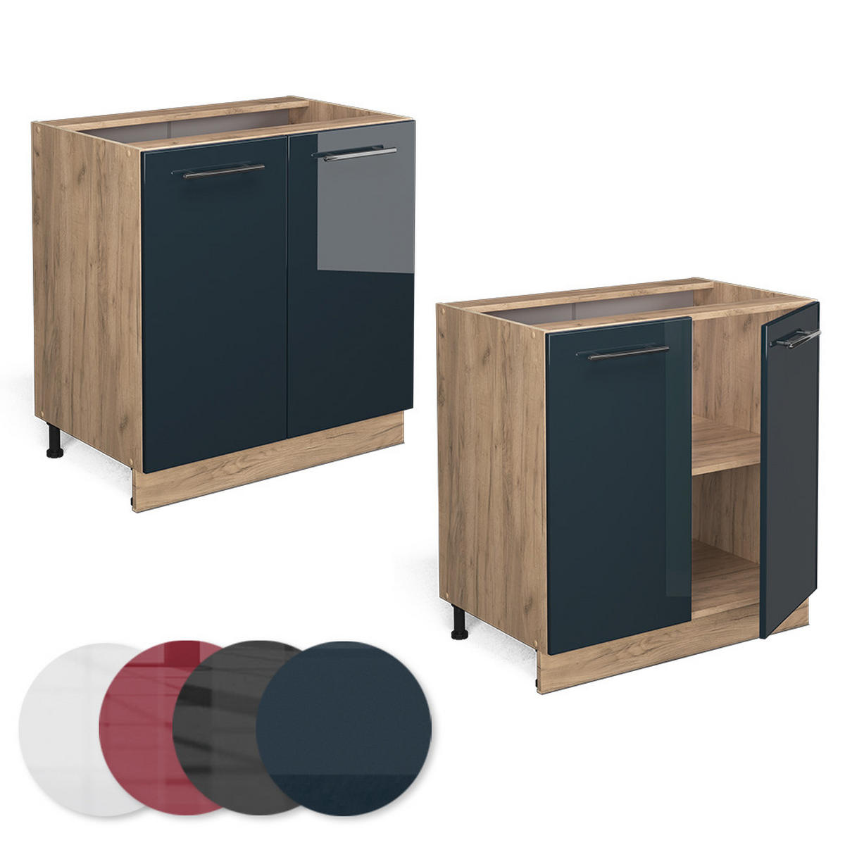 KÜCHENUNTERSCHRANK Fame-Line Dunkelblau Hochglanz 80 cm mit Regal, AP Eiche - Eiche Wotan/Dunkelblau, Holzwerkstoff (80/82/60cm) - Vicco