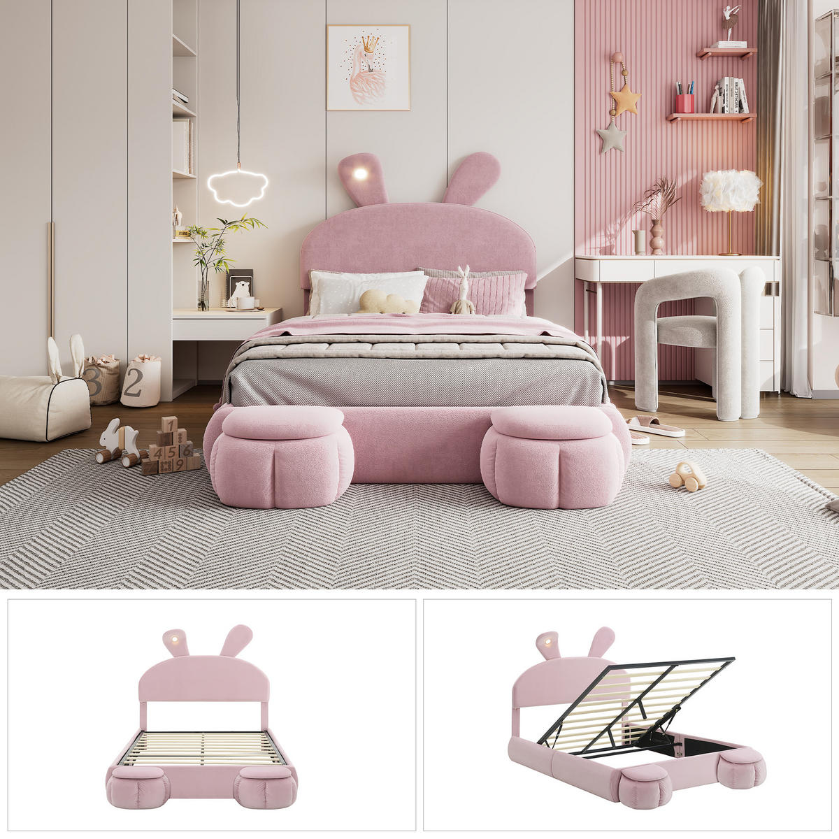 POLSTERBETT 140/200 cm in Rosa Samt mit Bettkasten, LED und 2 Hockern - Rosa, Holzwerkstoff/Textil (140/200cm) - WISHDOR