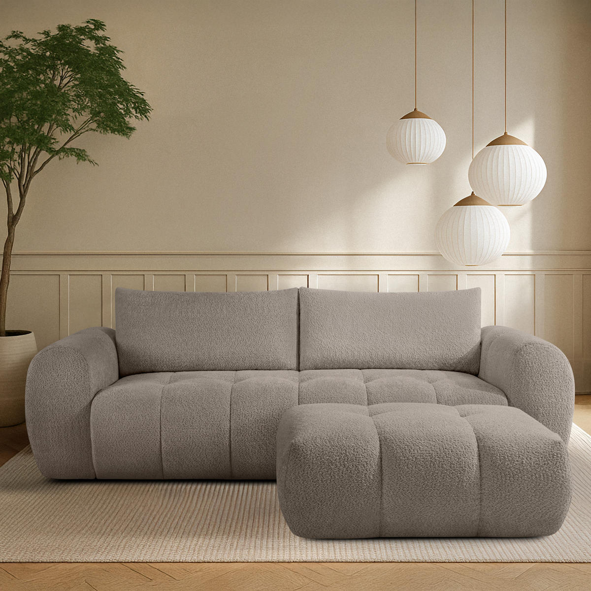 POUF LIRA, Grau, Bouclé - Grau, Holz/Holzwerkstoff (96/43/50cm) - KONSIMO®