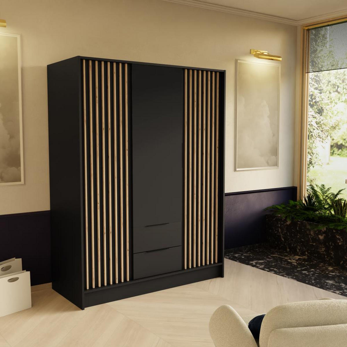 DREHTÜRENSCHRANK Nero 150/51/200 cm mit Lamellen schwarz - Schwarz, Holzwerkstoff (150/200/51cm) - Beautysofa