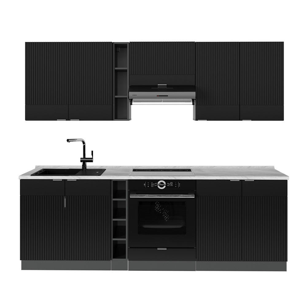 KÜCHENZEILE Fame-Line Schwarz gestreift/Anthrazit 235 cm , AP Marmor - Anthrazit/Schwarz, Holzwerkstoff (235/206.8/60cm) - Vicco