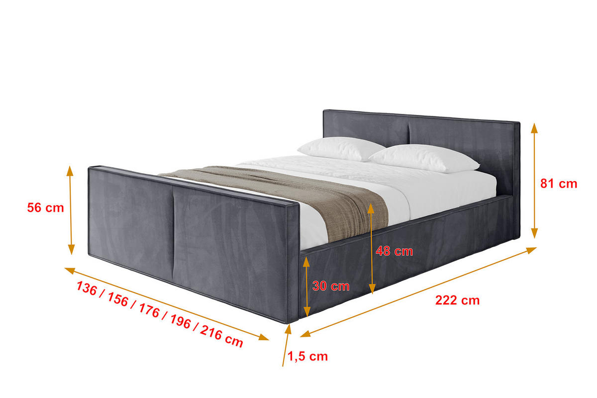 POLSTERBETT mit Bettkasten, Fußteil und Lattenrost, Boxbett mit Matratze H3/H4 - EMMI-Z-V1 180x200 Dunkelgrau - Dunkelgrau, Holzwerkstoff/Textil (180/200cm) - ALTDECOR