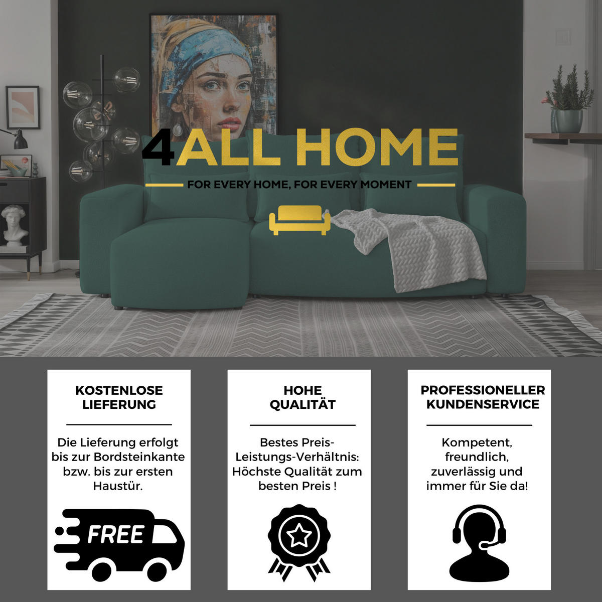 ECKSOFA Travis mit Bettkasten und Schlaffunktion, L-Form, Boucle, Universal - Dunkelgrün, Holzwerkstoff (248/148cm) - 4ALL HOME