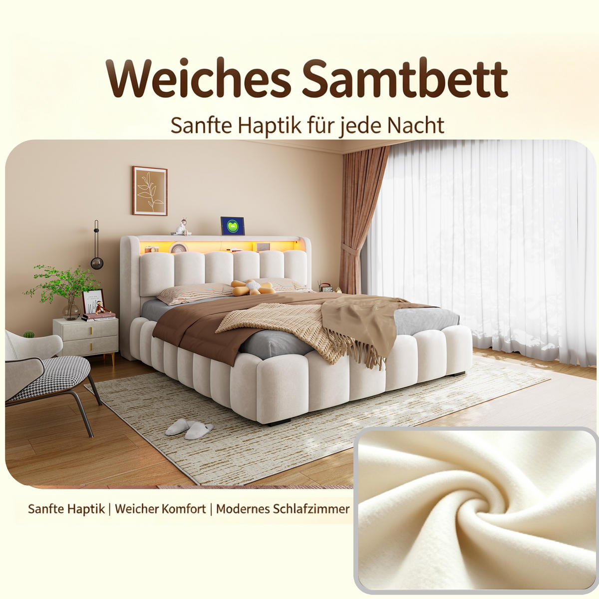 POLSTERBETT 180/200 mit LED/USB, Kopfteil Stauraum, Samt, Beige - Beige, Holz (180/200cm) - LVHOM