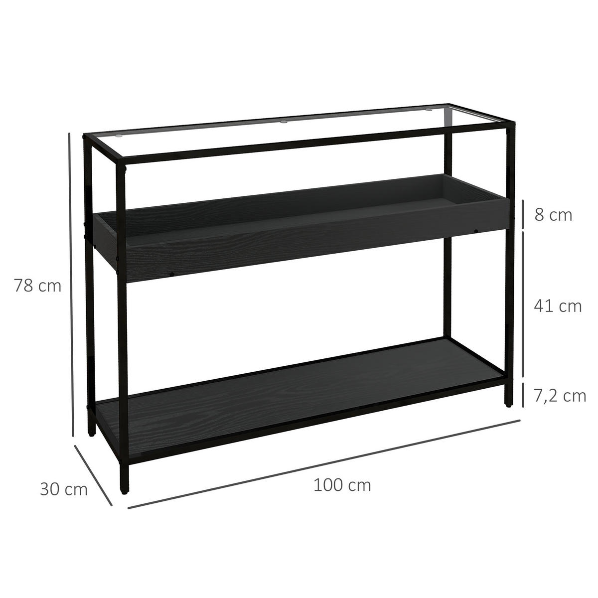 KONSOLENTISCH mit 2 Regalen, 100L x 30B x 78Hcm - Schwarz, Kunststoff/Metall (100/30/78cm) - HOMCOM