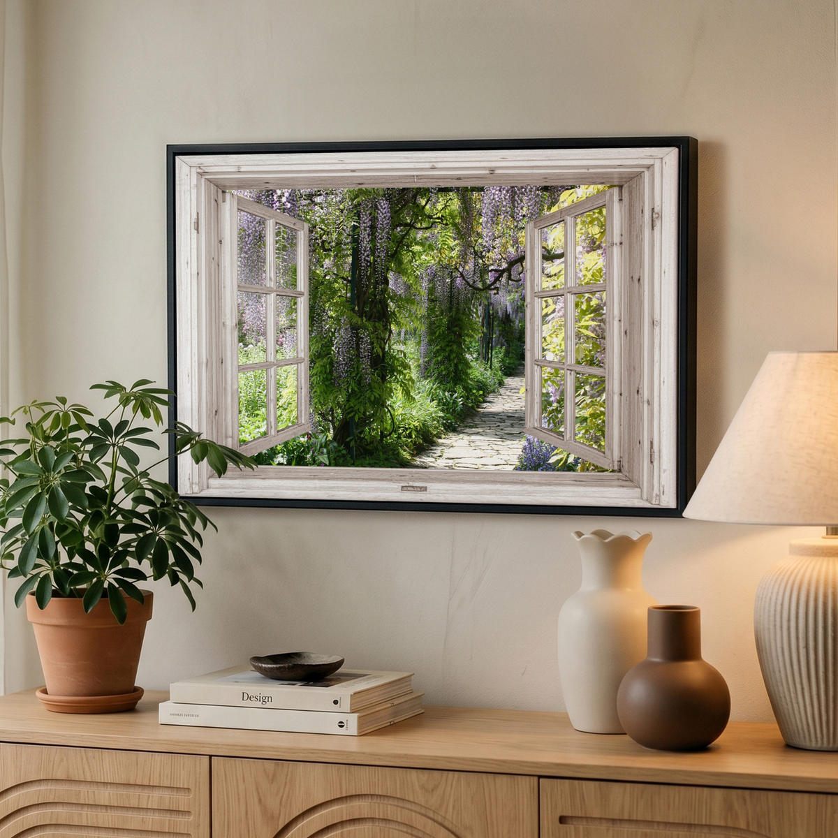 LEINWAND Bilder mit Rahmen - Blauer Regen - Blumen - Aussicht - Baum - Frühling - 60x40 - Grün, Textil (60/40cm) - MuchoWow