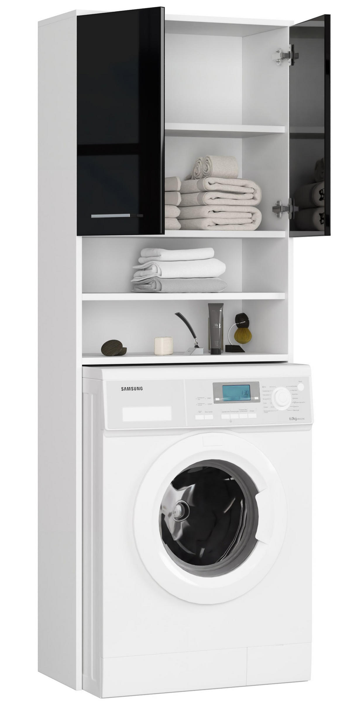 WASCHMASCHINENUMBAUSCHRANK Weiß / Schwarz Hochglanz 65 * 30 * 180 cm - Silberfarben/Schwarz, Holzwerkstoff/Metall (64/180/30cm) - RAUMHIRSCH FURNITURE