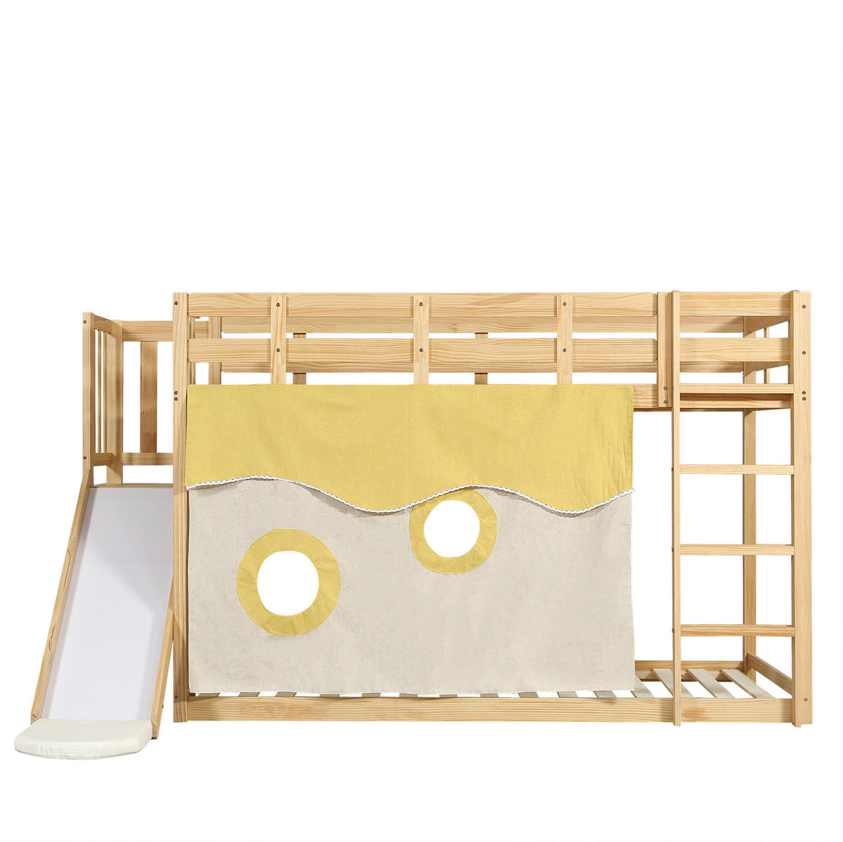 ETAGENBETT aus Kiefer und MDF 90x200 cm Natur mit Treppe, Rutsche, Bettvorhang und Fallschutz - Naturfarben, Holzwerkstoff (90/200cm) - Modfu