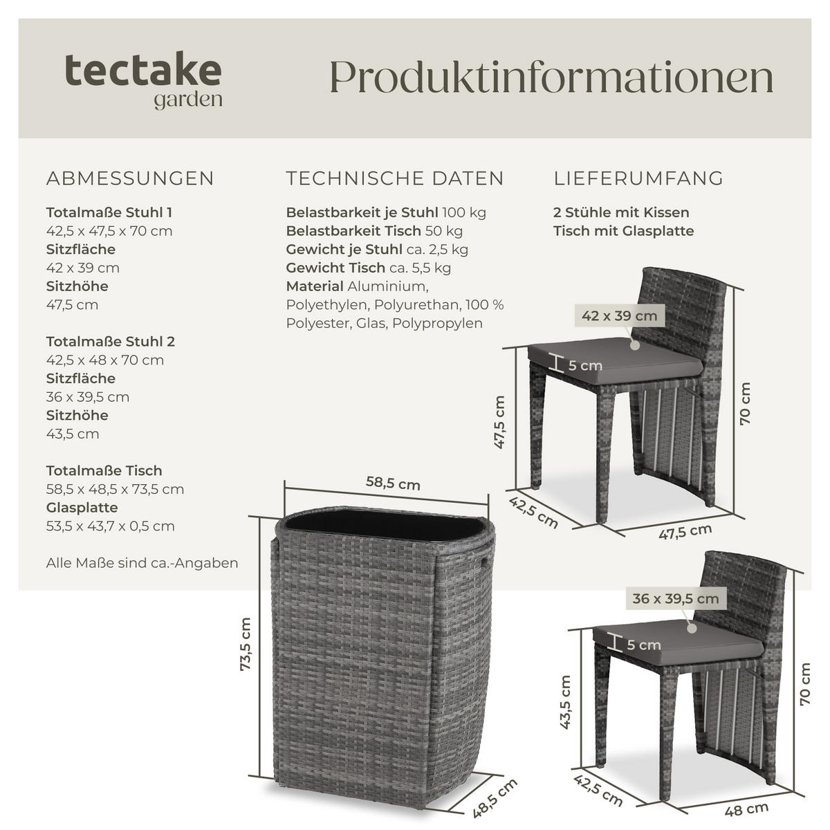 RATTANSET Hamburg,zusammenschiebbar,grau - Grau, Kunststoff - tectake