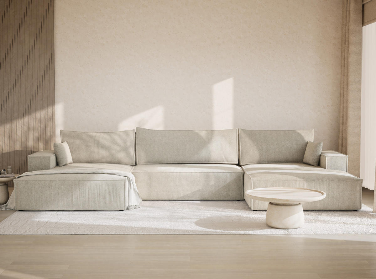 WOHNLANDSCHAFT Kyoto Creme Chenille-Stoff - Creme/Schwarz, Holz/Holzwerkstoff (398/70/148cm) - Maison de Reve