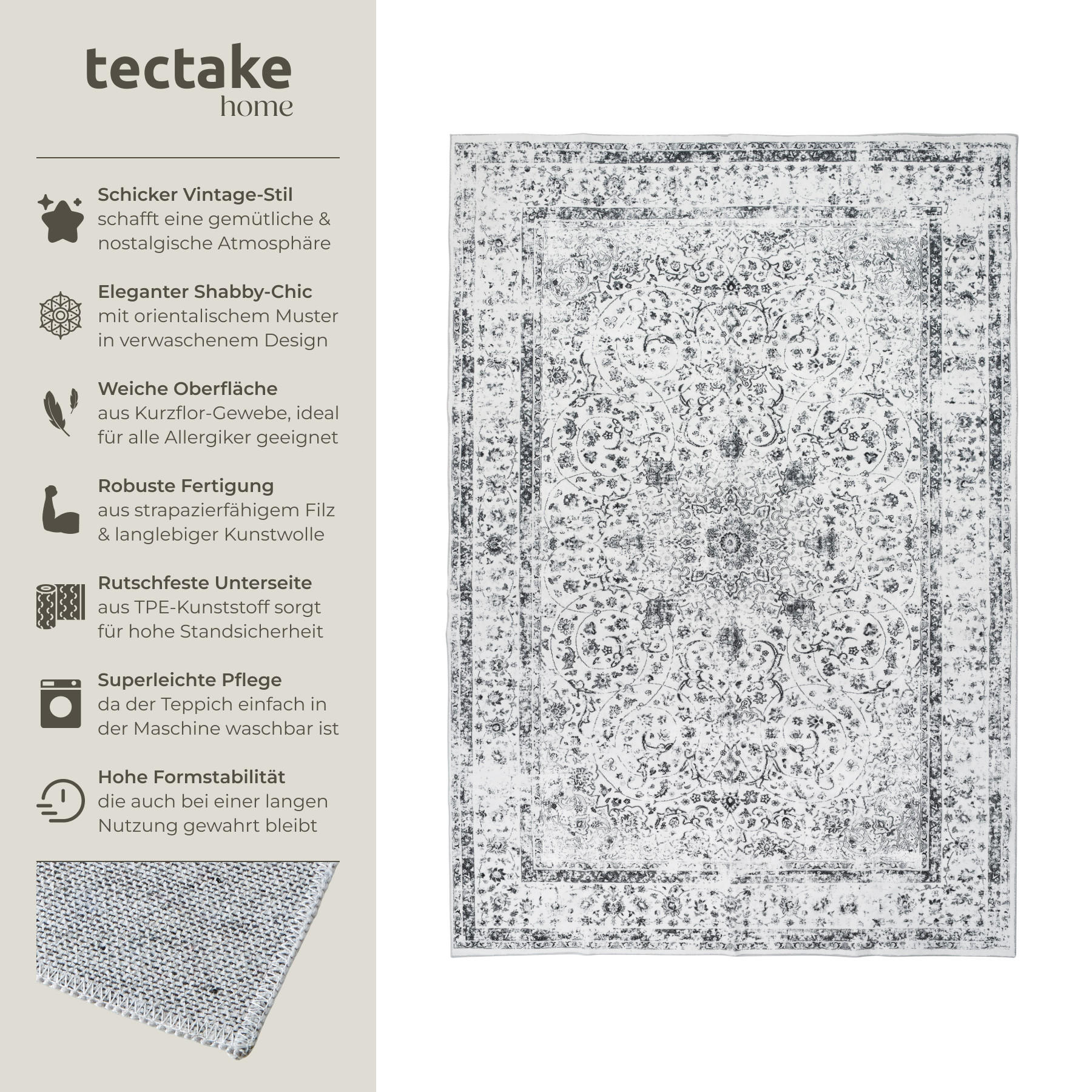 TEPPICH Vintage Design Aliya,rutschfeste Unterseite,grau - Grau, Kunststoff (160/230cm) - tectake