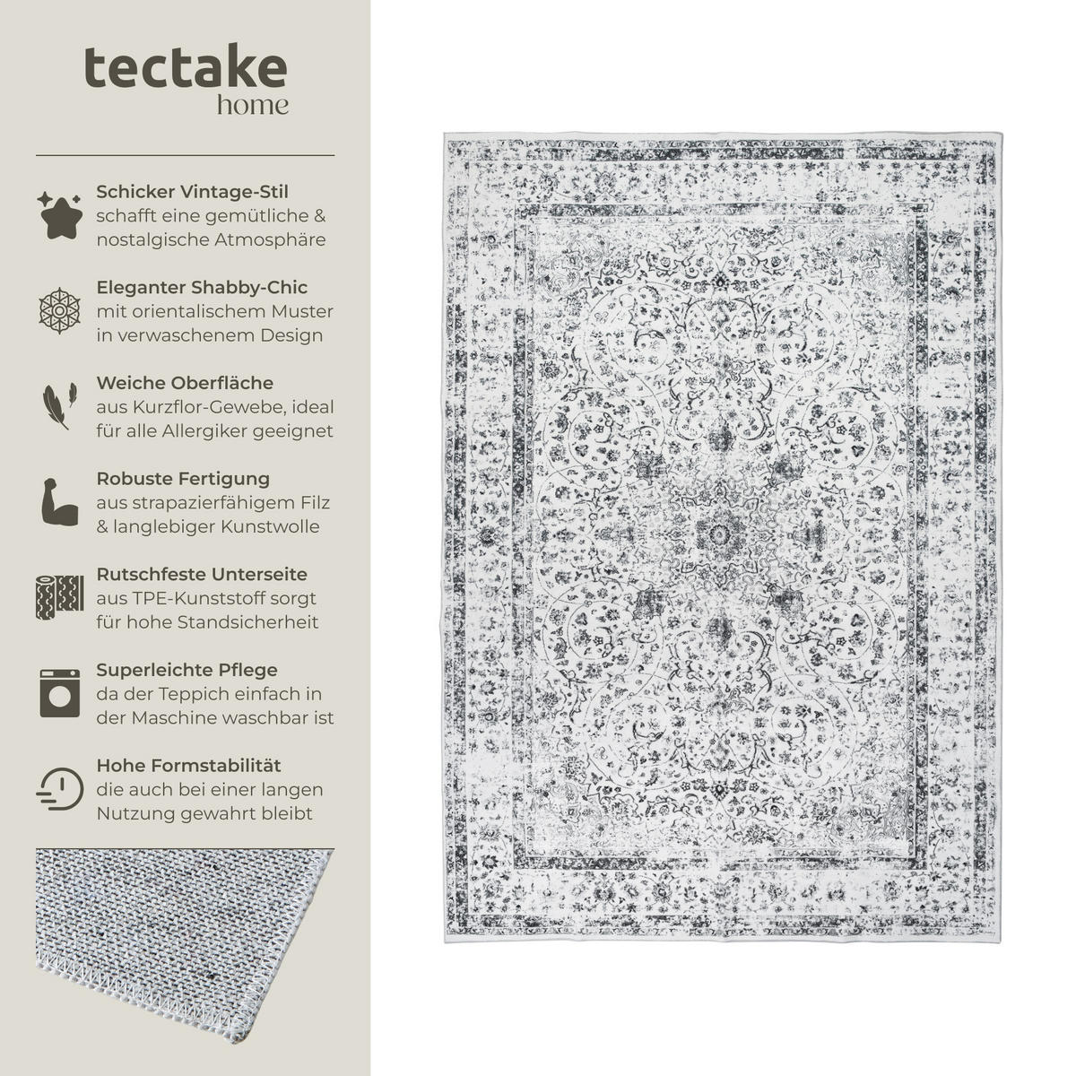 TEPPICH Vintage Design Aliya,rutschfeste Unterseite,grau - Grau, Kunststoff (160/230cm) - tectake