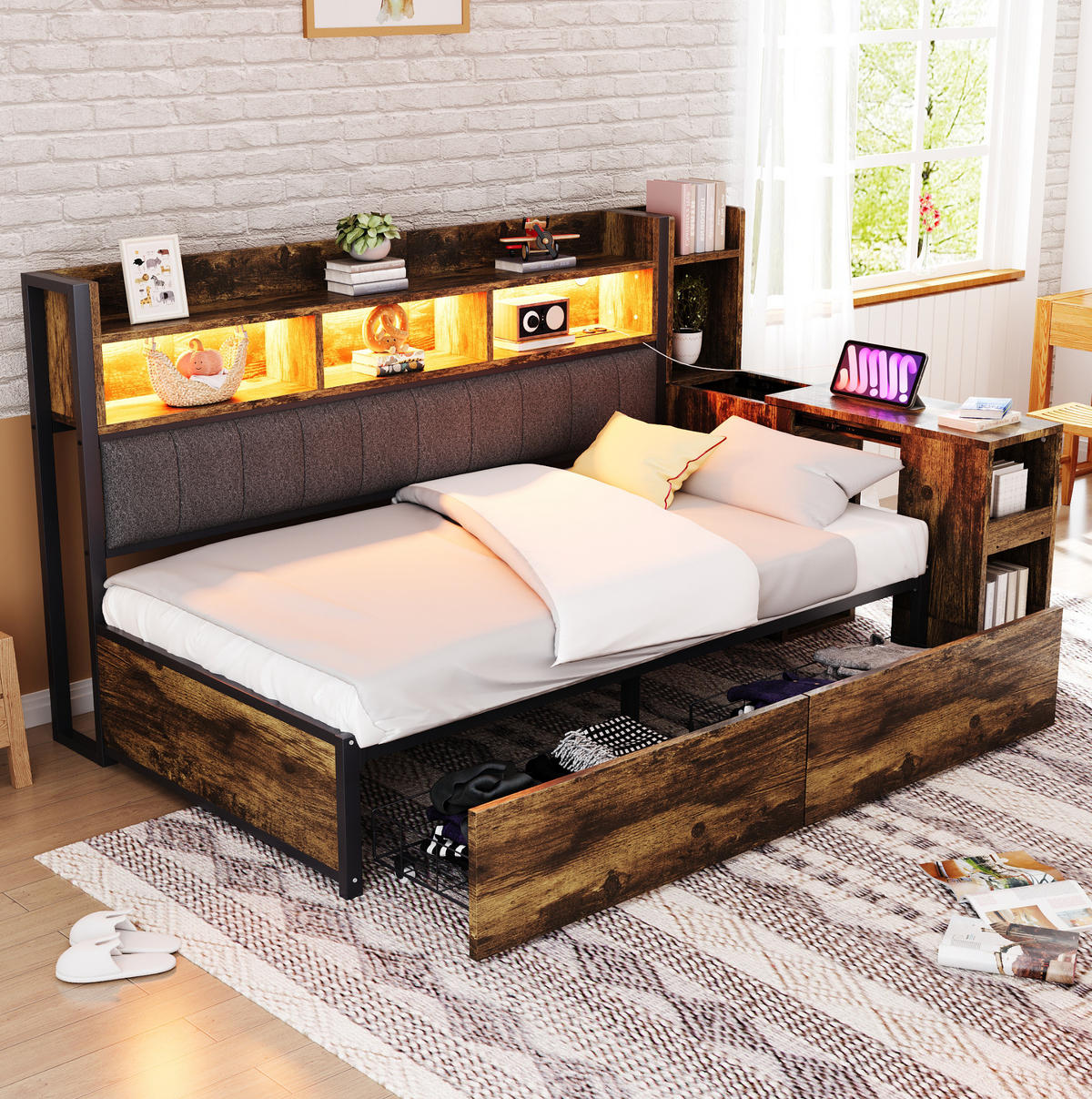 BETT 90/200 cm in Holzfarbe aus Metall und Holz mit Schreibtisch - Naturfarben, Metall (90/200cm) - OKMYHOME