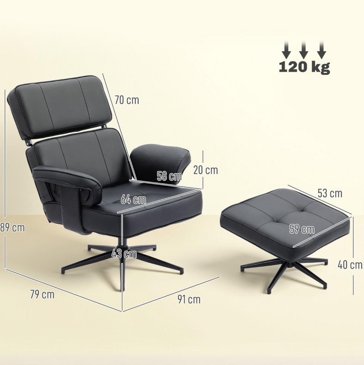 SESSEL 91/79/89 cm in Schwarz mit Fußhocker und verstellbarer Kopfstütze - Schwarz, Kunststoff (91/89/79cm) - BEAOK