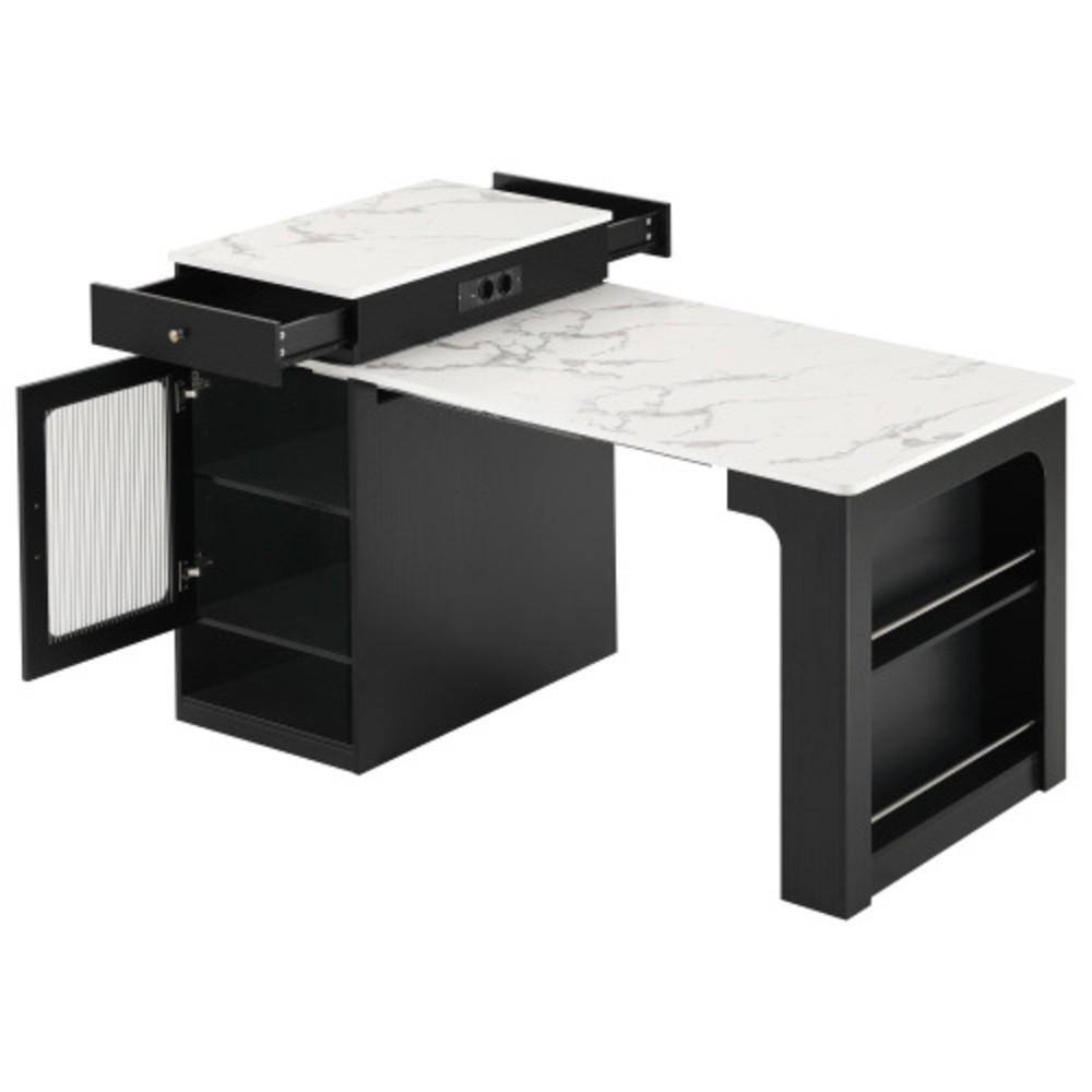 SIDEBOARD mit Riffelglastüren & Steckdosenstation schwarz 80×71-151×92 cm aus MDF und Glas - Schwarz, Holzwerkstoff (80/92/151cm) - Luhomfu