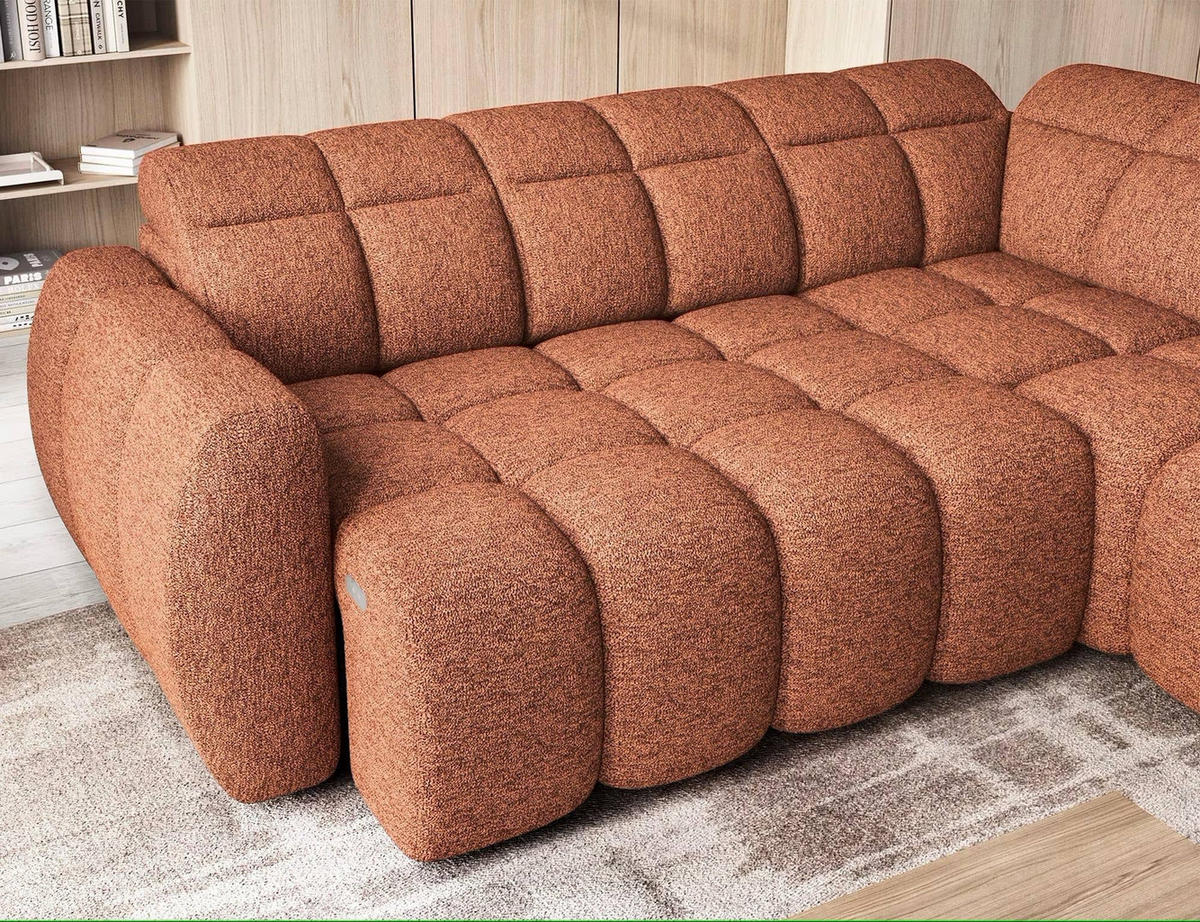ECKSOFA mit elektrischem Sitzvorschub, Bettkasten und verstellbare Kopflehnen - Orange, Naturmaterialien/Textil (208/258cm) - Eltap