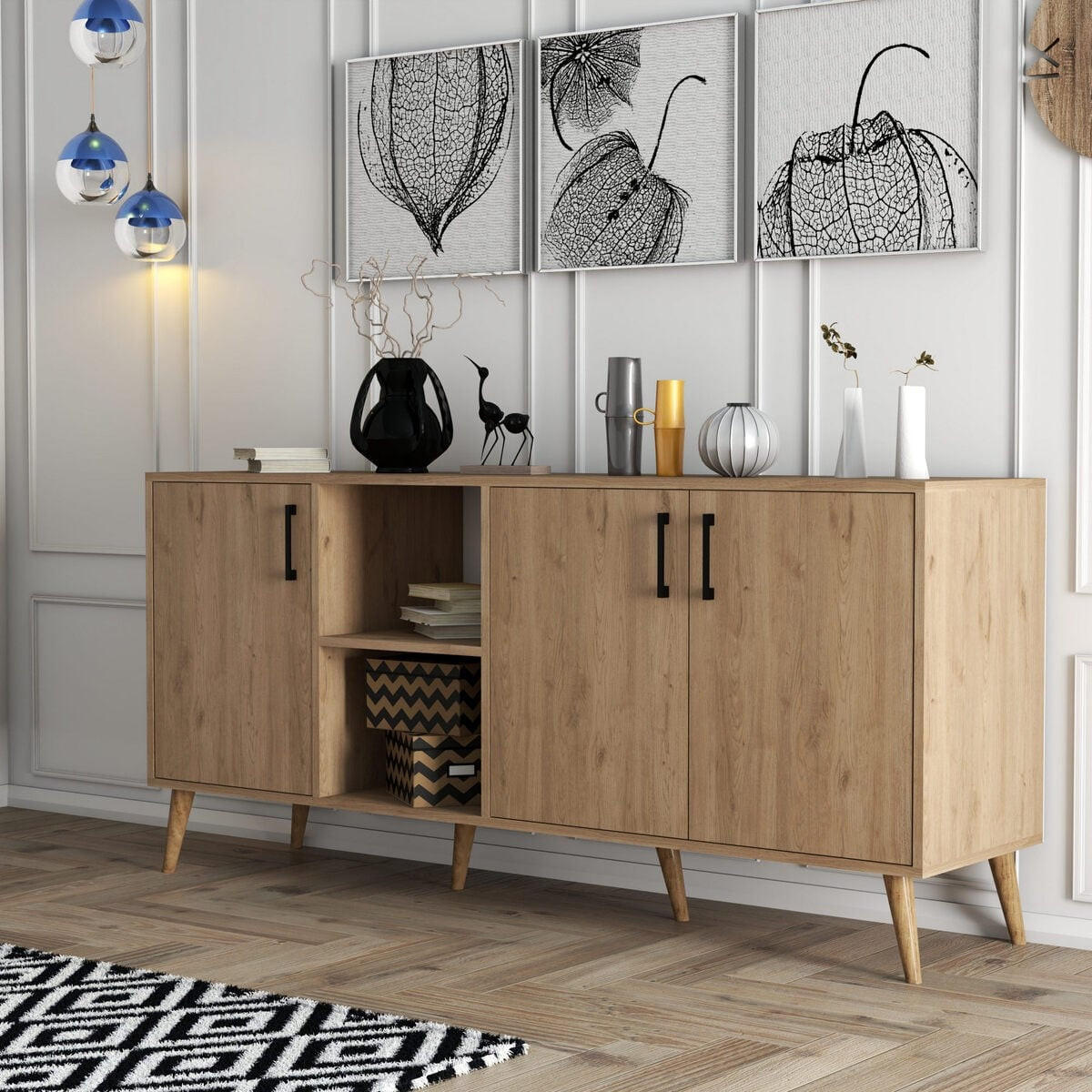 SIDEBOARD 3 Türen und 2 offene Fächer Dekor Eiche B180 cm - EXXEN - Eschefarben, Holzwerkstoff (45/83/50cm) - Calicosy
