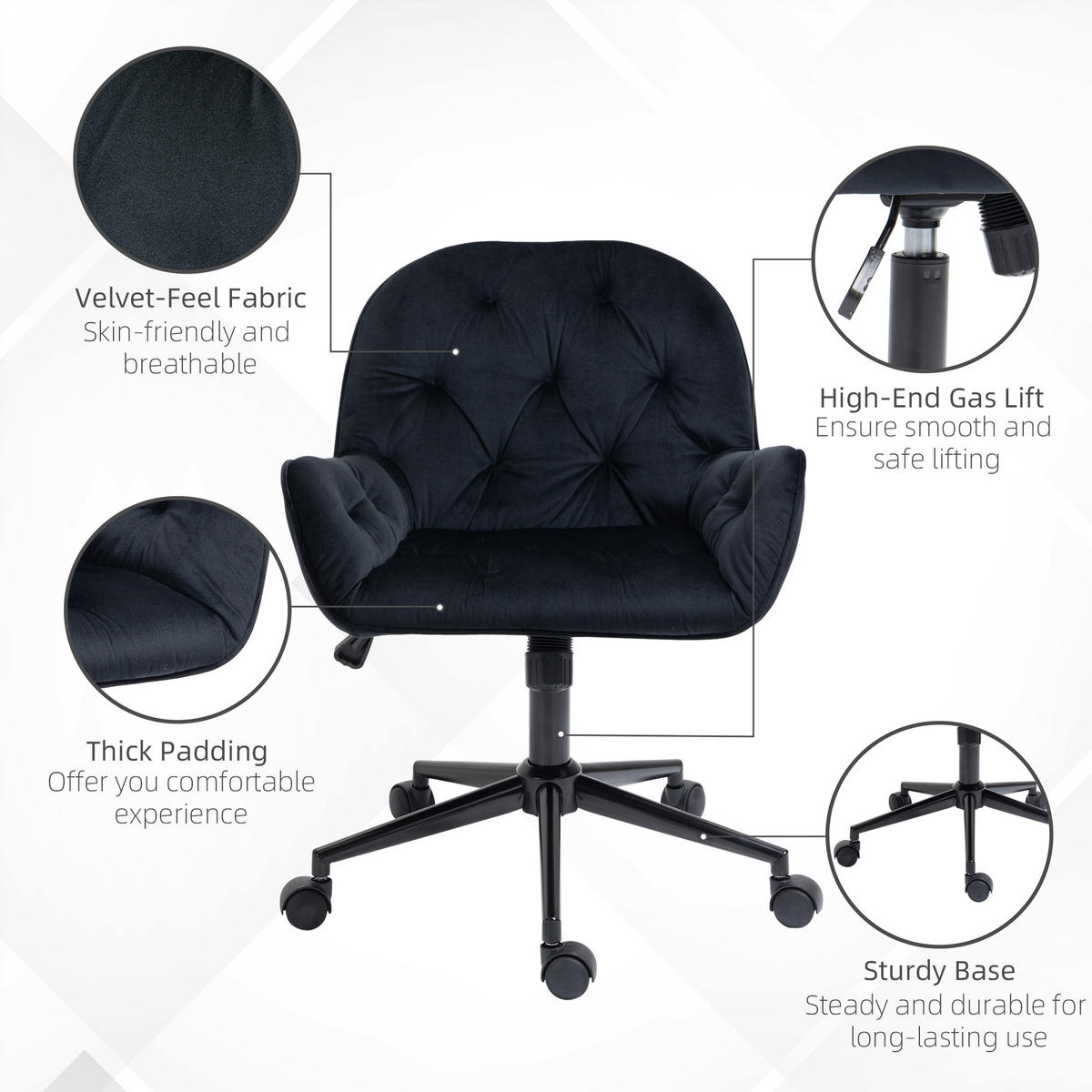 BÜROSESSEL Drehstuhl höhenverstellbarer ergonomisch Büro Schwarz - Schwarz, Kunststoff (61/91/60cm) - Vinsetto