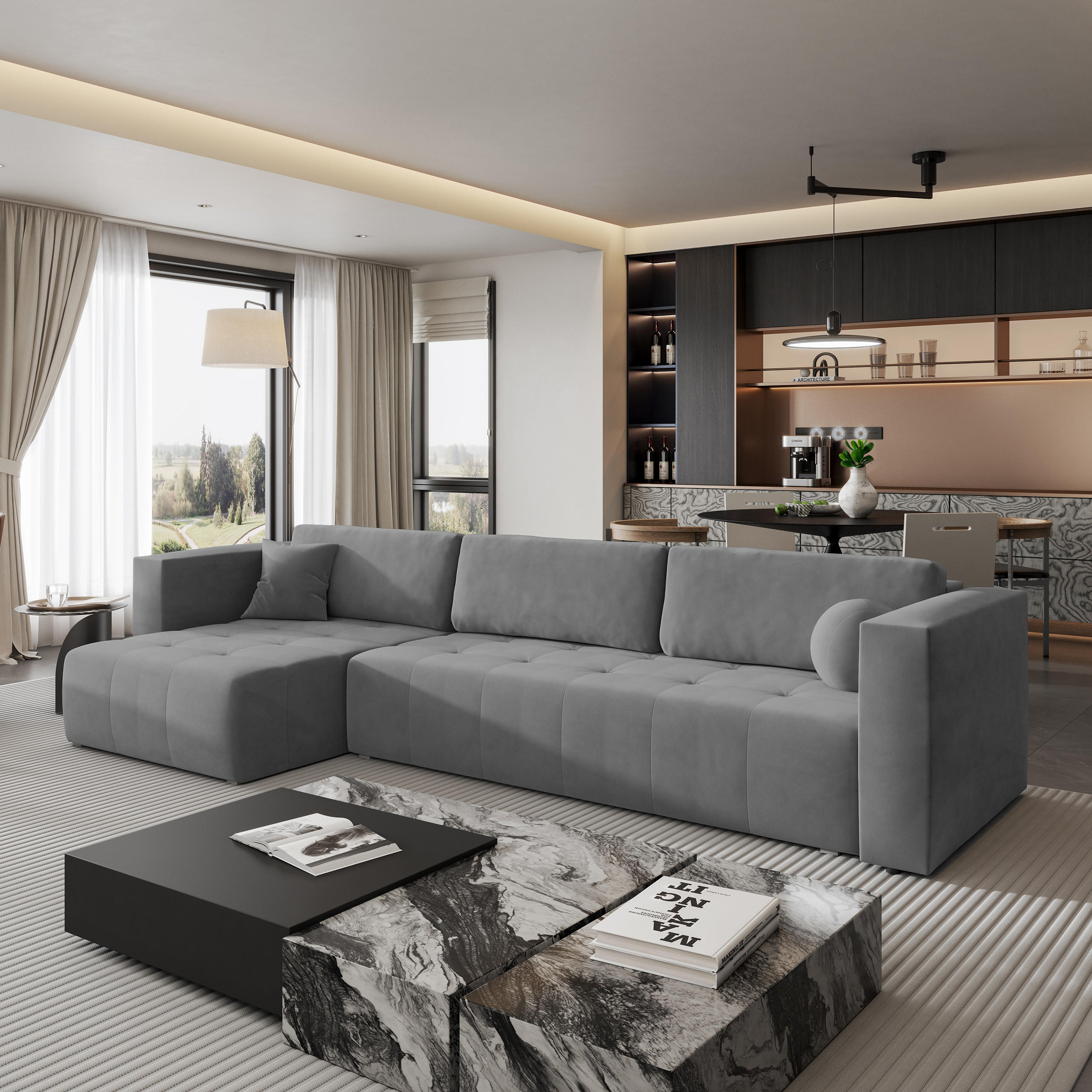 ECKSOFA OLVERA Grau Plüsch-Stoff mit Schlaffunktion - Grau, Holz (347/148cm) - MASSENO